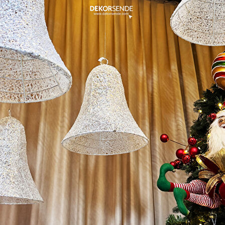 Yılbaşı Süsü 3 Boyutlu Simli Tel Çan Beyaz 30 cm