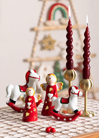 Yılbaşı Süsü Sallanan At Porselen Kırmızı Beyaz 11 cm