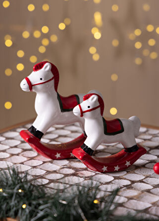 Yılbaşı Süsü Sallanan At Porselen Kırmızı Beyaz 15 cm