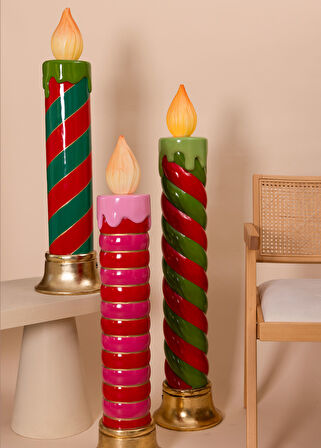 Yılbaşı Süsü Led Işıklı Halkalı Mum Pembe Kırmızı 97 cm