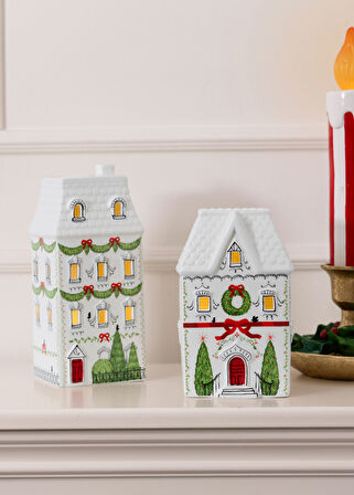 Yılbaşı Süsü Porselen Kış Temalı Renkli Ev 11x18x9 cm