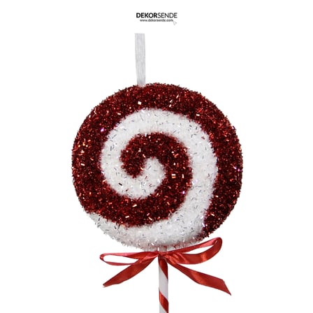Yılbaşı Süsü Şeker Lolipop Dal Simli Dönence Kırmızı Beyaz 40 cm