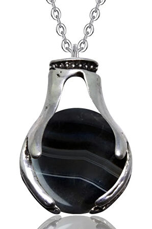 Sertifikalı El Sembolü Doğal Damarlı Siyah Akik Taşı Kolye