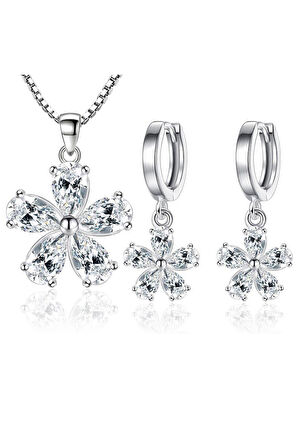 925 Ayar Kristal Taşlı Çiçek Tasarım Gümüş Kolye Küpe Seti