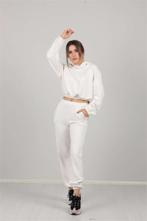 3 İplik Kumaş Eşofman Takımı - Beyaz-GYM-0793