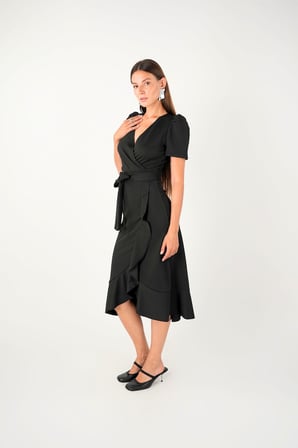 Crep Kumaş Midi Elbise  - Siyah-GYM-0155