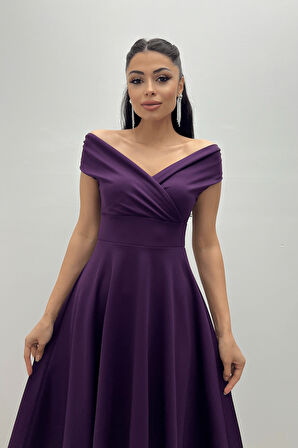 Kayık Yaka Midi Elbise - Patlıcan Mor