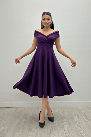 Kayık Yaka Midi Elbise - Patlıcan Mor