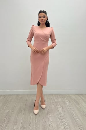 Krep Kumaş Midi Boy Elbise - Pudra-GYM-0760