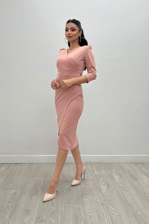 Krep Kumaş Midi Boy Elbise - Pudra-GYM-0760