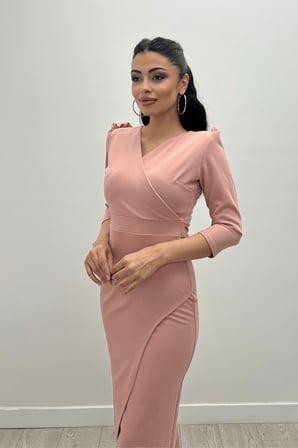 Krep Kumaş Midi Boy Elbise - Pudra-GYM-0760