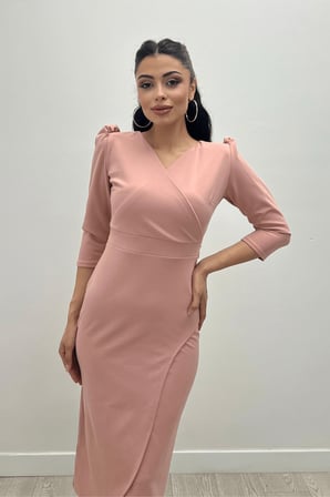 Krep Kumaş Midi Boy Elbise - Pudra-GYM-0760