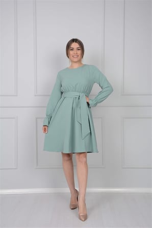 Crep Kumaş Bel Lastik Elbise - Mint Yeşili-GYM-0872