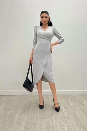 Krep Kumaş Midi Boy Elbise - Gri-GYM-0760