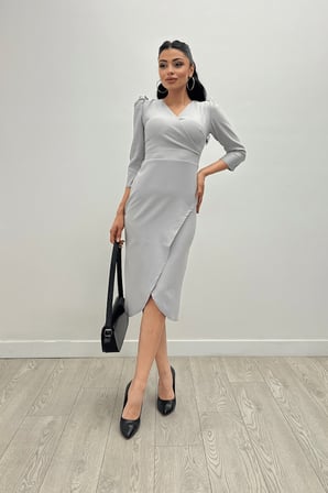 Krep Kumaş Midi Boy Elbise - Gri-GYM-0760