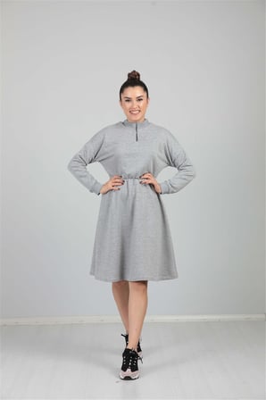 Üç İplik Fermuar Detaylı Elbise - Gri-GYM-0799