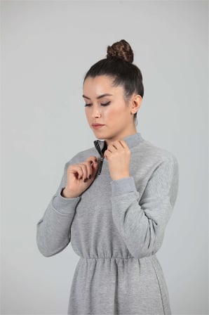 Üç İplik Fermuar Detaylı Elbise - Gri-GYM-0799