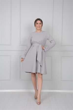 Crep Kumaş Bel Lastik Elbise - Gri-GYM-0872