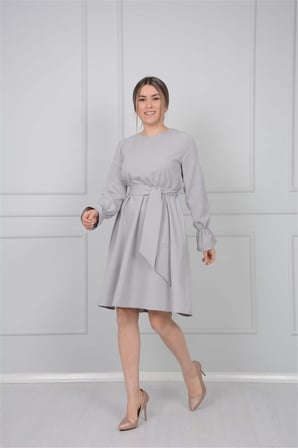 Crep Kumaş Bel Lastik Elbise - Gri-GYM-0872