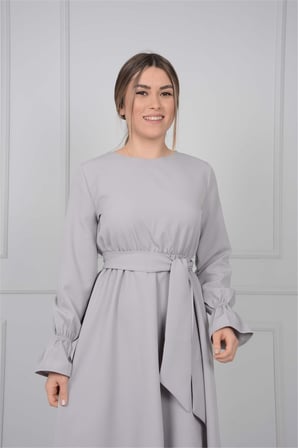 Crep Kumaş Bel Lastik Elbise - Gri-GYM-0872
