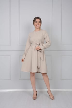 Crep Kumaş Bel Lastik Elbise - Vizon-GYM-0872