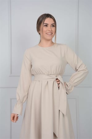 Crep Kumaş Bel Lastik Elbise - Vizon-GYM-0872