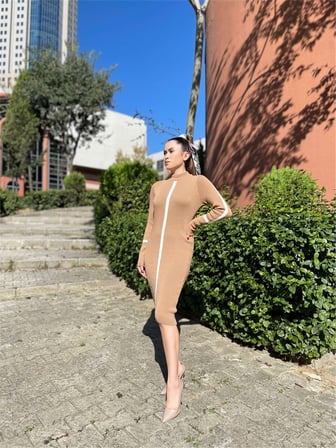 Triko Kumaş Kalem Elbise - Kahverengi-GYM-0201