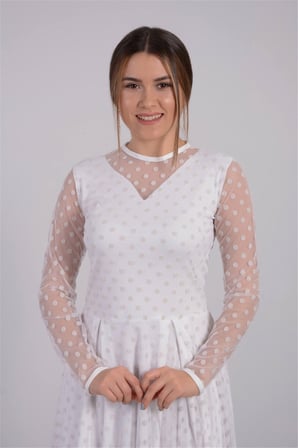 Flok Baskı Puantiye Detaylı Midi Elbise - Beyaz-GYM-0648-FP