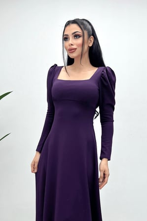 Krep Kumaş Kare Yaka Midi Elbise - Patlıcan Mor-GYM-0891