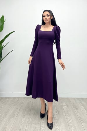 Krep Kumaş Kare Yaka Midi Elbise - Patlıcan Mor-GYM-0891