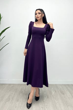 Krep Kumaş Kare Yaka Midi Elbise - Patlıcan Mor-GYM-0891