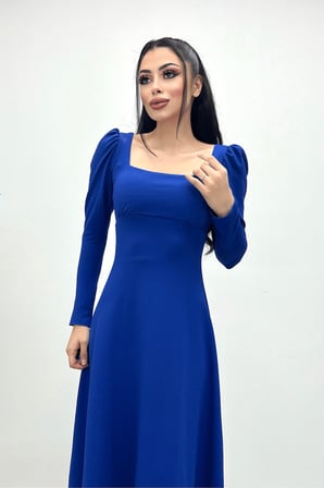 Krep Kumaş Kare Yaka Midi Elbise - Saks Mavisi-GYM-0891