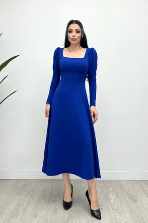 Krep Kumaş Kare Yaka Midi Elbise - Saks Mavisi-GYM-0891