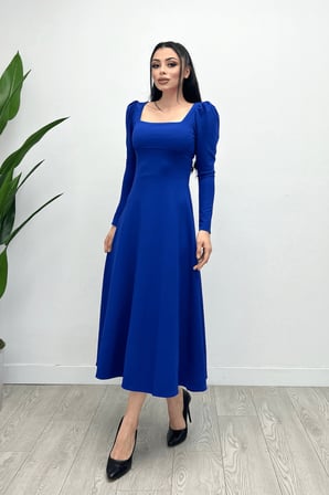 Krep Kumaş Kare Yaka Midi Elbise - Saks Mavisi-GYM-0891