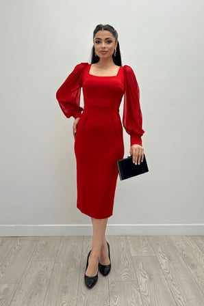 Krep Kumaş Kare Yaka Kalem Elbise - KIRMIZI-GYM-0892