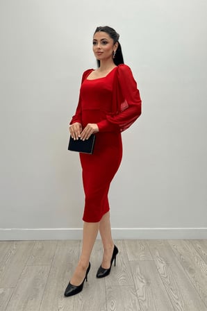 Krep Kumaş Kare Yaka Kalem Elbise - KIRMIZI-GYM-0892