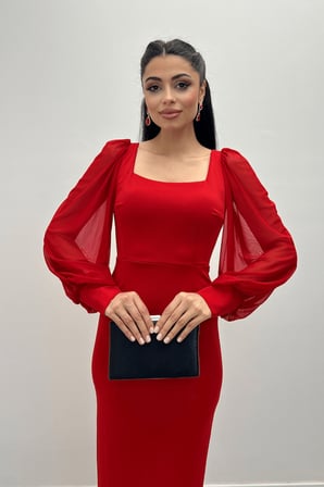 Krep Kumaş Kare Yaka Kalem Elbise - KIRMIZI-GYM-0892