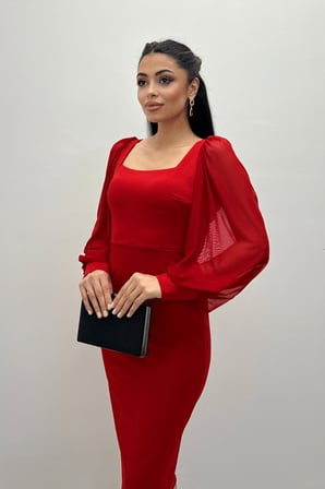 Krep Kumaş Kare Yaka Kalem Elbise - KIRMIZI-GYM-0892