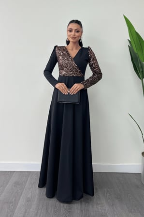Krep Kumaş Payet Detaylı Elbise - BRONZ-GYM-0894
