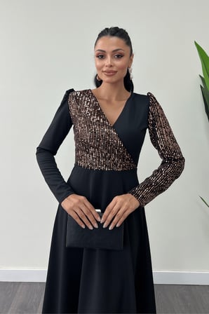Krep Kumaş Payet Detaylı Elbise - BRONZ-GYM-0894
