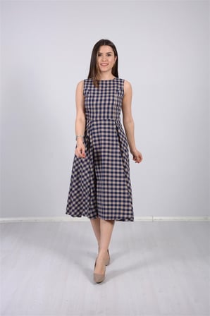 Kareli Kumaş Midi Elbise - KREM RENGİ-GYM-0328