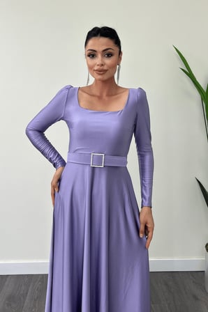İthal Krep Saten Kumaş Kare Yaka Kiloş Elbise - LİLA-GYM-0904