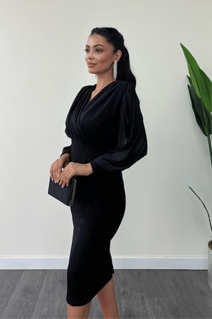 Krep Kumaş Kollar Tül Kalem Elbise - SİYAH-GYM-0912