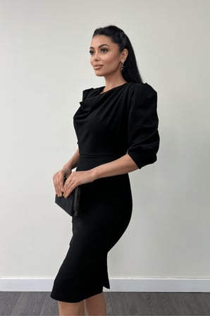 Krep Kumaş Degaje Yaka Kalem Elbise - SİYAH-GYM-0913