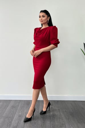 Krep Kumaş Degaje Yaka Kalem Elbise - KIRMIZI-GYM-0913-GYM-0913