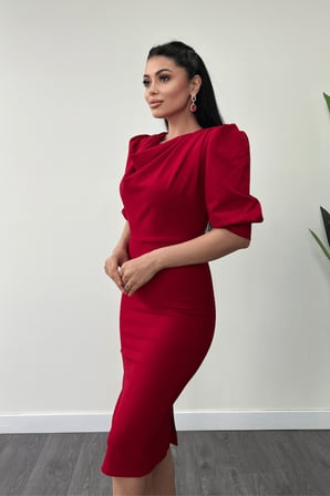 Krep Kumaş Degaje Yaka Kalem Elbise - KIRMIZI-GYM-0913-GYM-0913