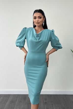 Krep Kumaş Degaje Yaka Kalem Elbise - MİNT YEŞİLİ-GYM-0913