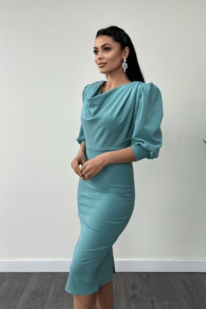 Krep Kumaş Degaje Yaka Kalem Elbise - MİNT YEŞİLİ-GYM-0913