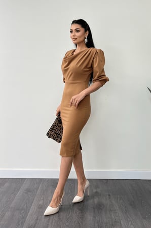 Krep Kumaş Degaje Yaka Kalem Elbise - Camel-GYM-0913