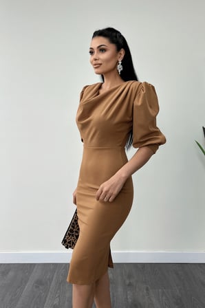 Krep Kumaş Degaje Yaka Kalem Elbise - Camel-GYM-0913